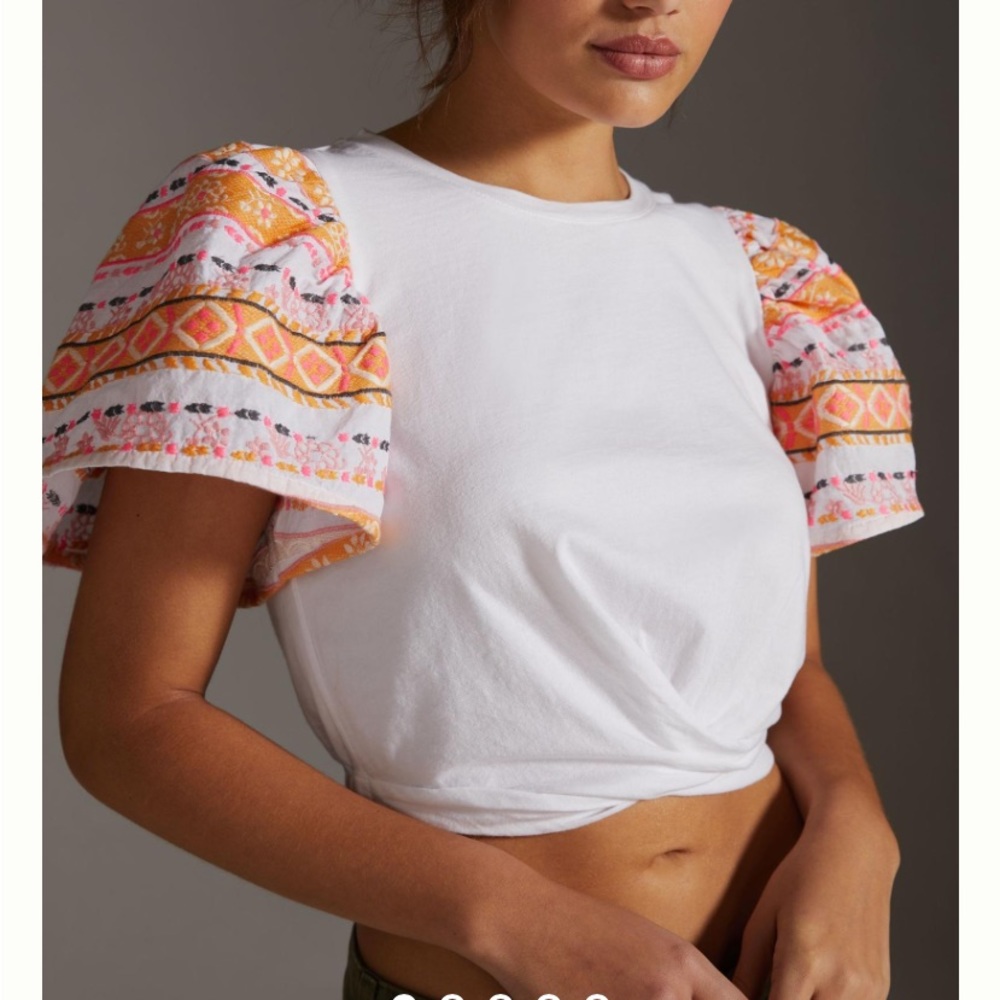 Anthropologie Dolan Embroidered Sleeve Twist Top